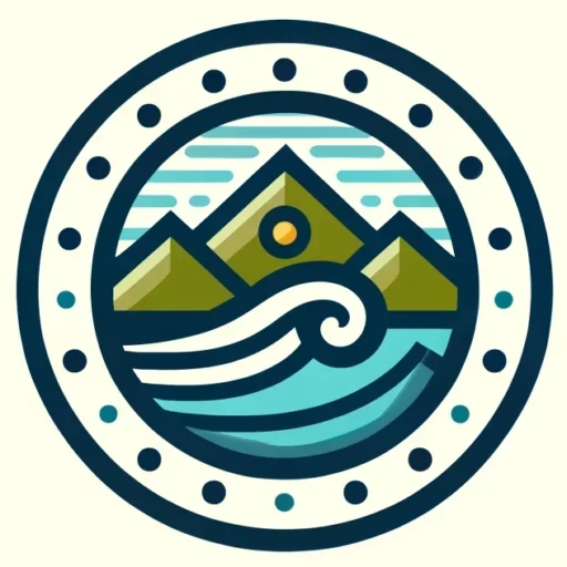 Crestcurl Adventures logo with stylized mountains, a central wave, and a sun motif, symbolizing our focus on outdoor activities like surfing and hiking